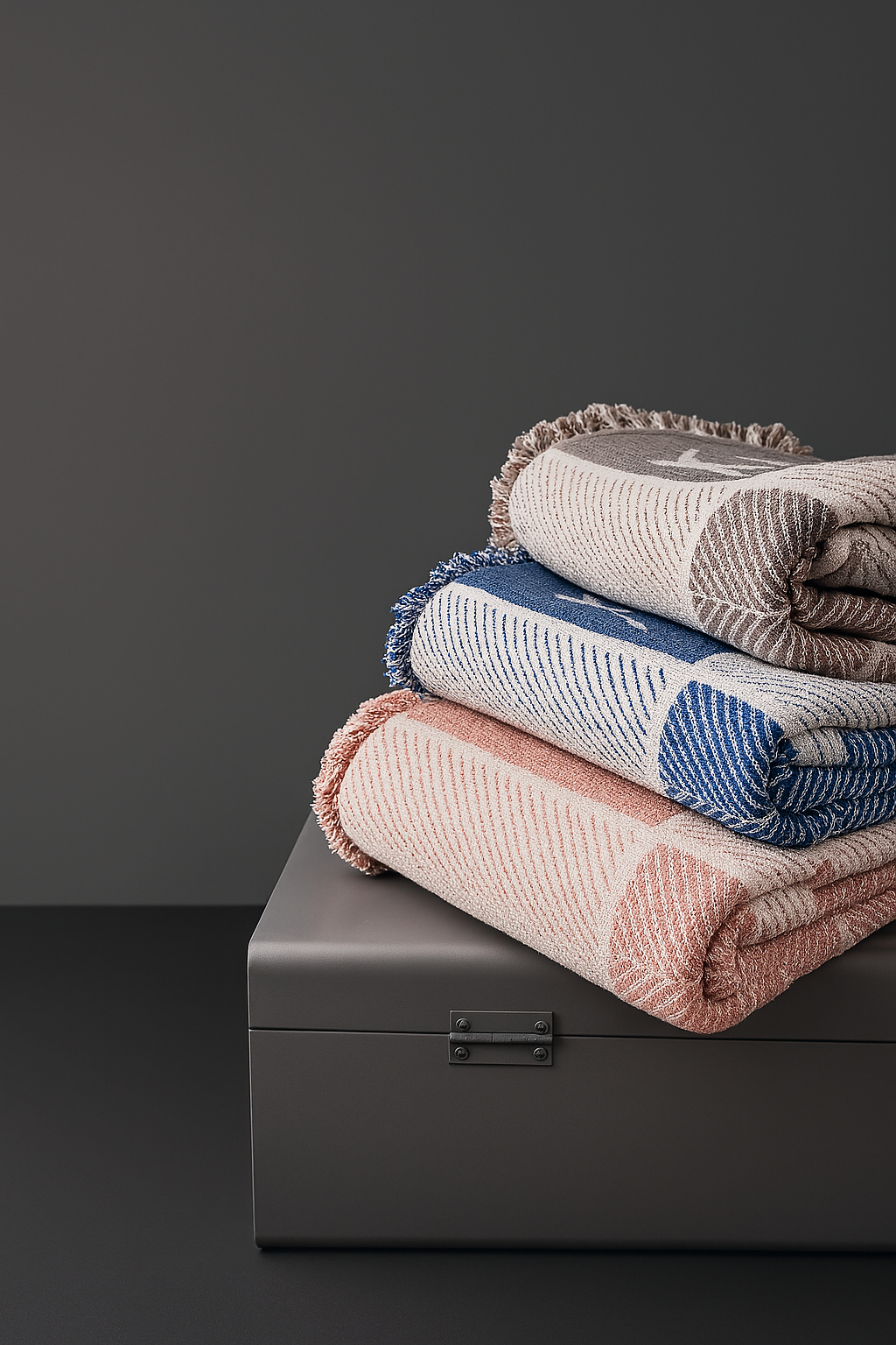 Stack of colorful blankets on a dark surface with a dark background